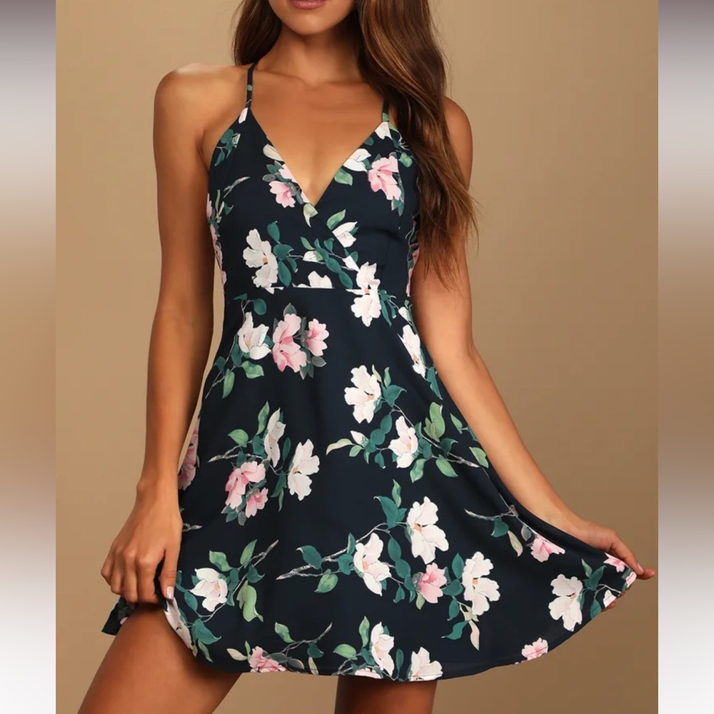Lulus - Truly Twirly Navy Blue Floral Print Mini Dress